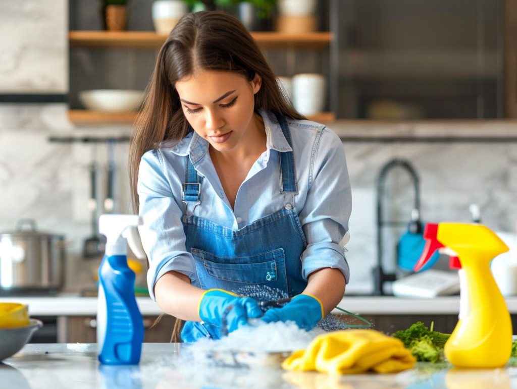 A woman cleaning her kitchen counter top